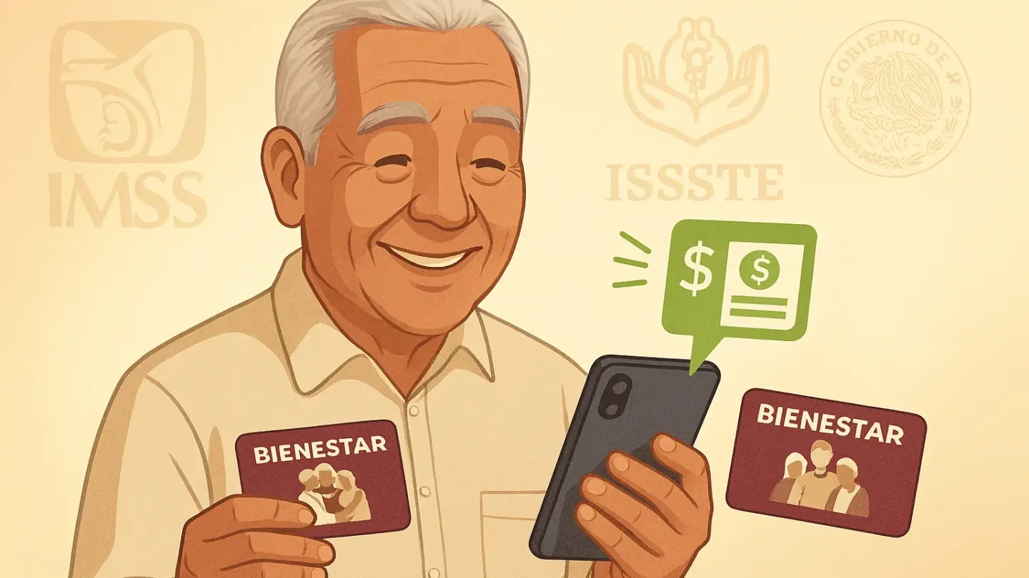 pago-triple-adultos-mayores-noviembre-2025 | México Ahora Adulto mayor recibiendo notificación de pago triple en noviembre 2025 IMSS ISSSTE y Pensión del Bienestar