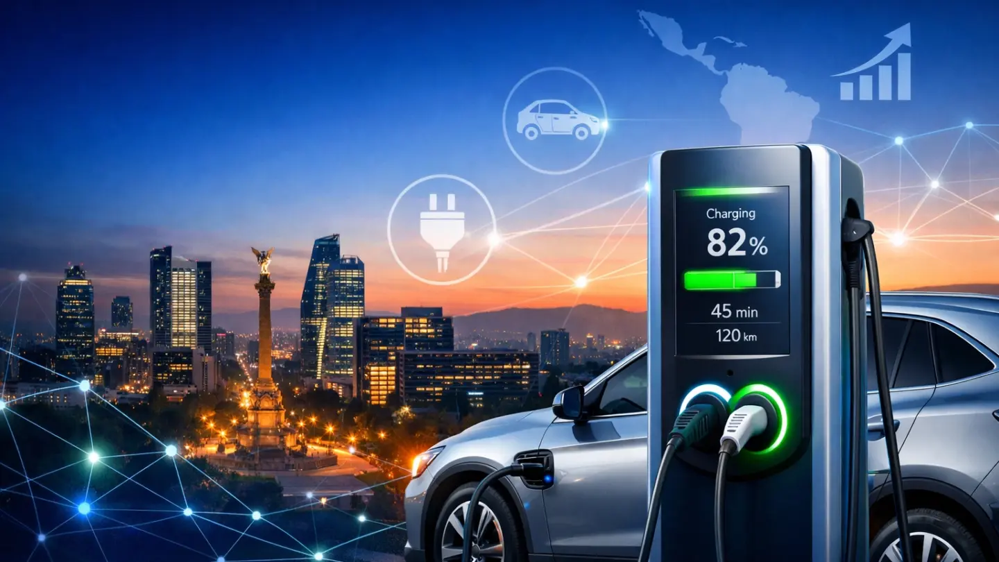 Electromovilidad_México_2026 | México Ahora Electrolinera moderna en Ciudad de México con vehículo eléctrico cargando durante el atardecer representando la consolidación de la electromovilidad en México 2026 y la expansión de infraestructura de VEMO