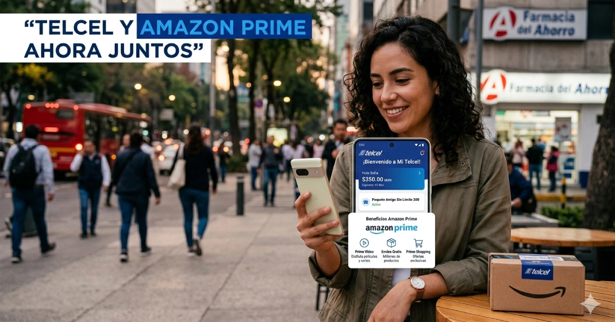 telcel-amazon-prime-recargas-beneficios-mexicojpg | México Ahora Usuario con smartphone mostrando recarga Telcel con beneficios de Amazon Prime como streaming y envíos en México
