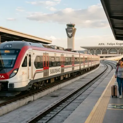 tren-suburbano-aifa-apertura-19-abriljpg | México Ahora Tren Suburbano AIFA llegando al Aeropuerto Internacional Felipe Ángeles con pasajeros en andén y entorno urbano moderno