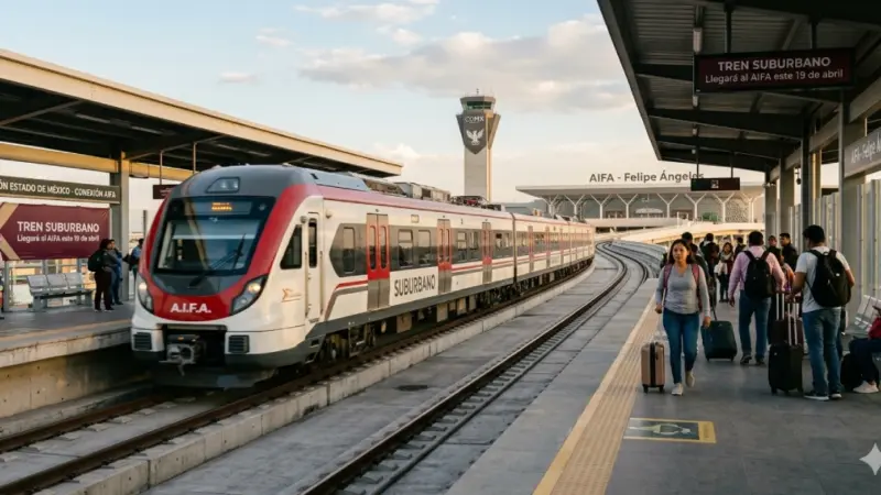tren-suburbano-aifa-apertura-19-abriljpg | México Ahora Tren Suburbano AIFA llegando al Aeropuerto Internacional Felipe Ángeles con pasajeros en andén y entorno urbano moderno