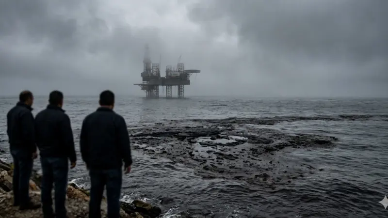 derrame-pemex-golfo-de-mexico-ducto-funcionariosjpg | México Ahora Derrame de petróleo en el Golfo de México provocado por ducto de Pemex con mancha oscura en el mar y plataforma petrolera al fondo