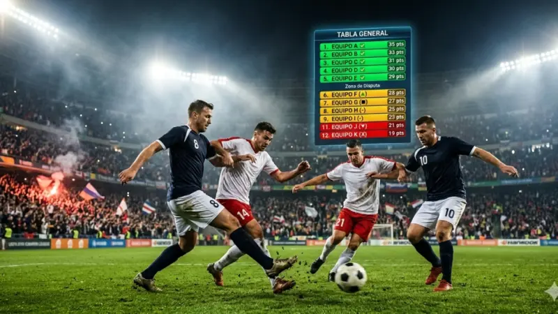 tabla-general-clausura-2026-liguilla-equipos-clasificadosjpg | México Ahora Action packed soccer moment four players battle for the ball on a well lit crowded stadium field A scoreboard looms in the background labeled TABLA GENERAL
