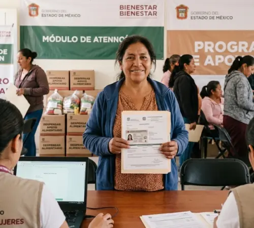 canasta-alimentaria-bienestar-2026-edomex-registro-mujeresjpg | México Ahora Mujer de 50 a 64 años realiza registro para la Canasta Alimentaria Bienestar 2026 en el Estado de México presentando documentos oficiales en módulo gubernamental