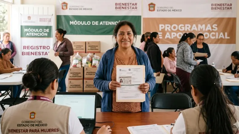 canasta-alimentaria-bienestar-2026-edomex-registro-mujeresjpg | México Ahora Mujer de 50 a 64 años realiza registro para la Canasta Alimentaria Bienestar 2026 en el Estado de México presentando documentos oficiales en módulo gubernamental
