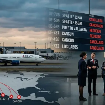 delta-air-lines-vuelos-mexico-seattlejpg | México Ahora Avión de Delta Air Lines en aeropuerto con rutas afectadas hacia destinos turísticos de México como Cancún Puerto Vallarta y Los Cabos reflejando reducción de vuelos internacionales