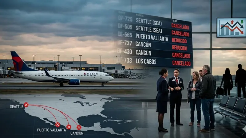 delta-air-lines-vuelos-mexico-seattlejpg | México Ahora Avión de Delta Air Lines en aeropuerto con rutas afectadas hacia destinos turísticos de México como Cancún Puerto Vallarta y Los Cabos reflejando reducción de vuelos internacionales