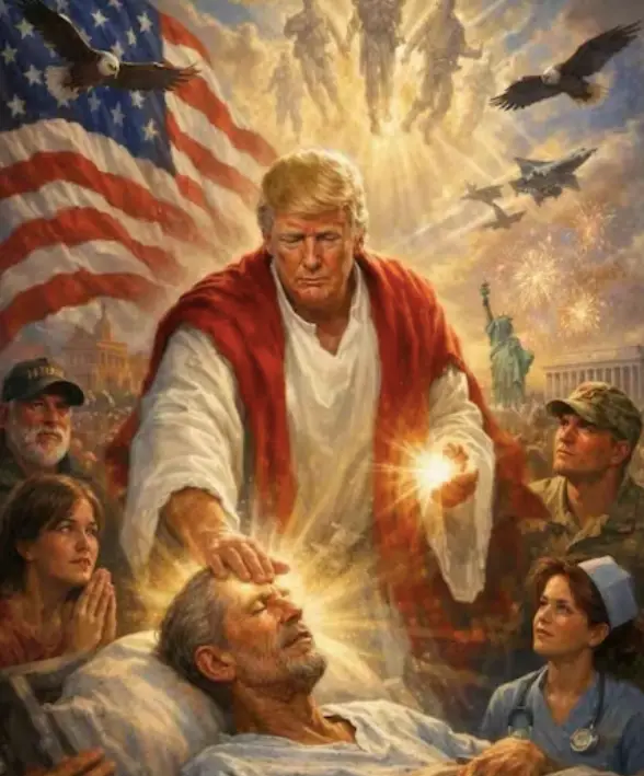Trump el salvador | México Ahora Healing scene a glowing Jesus like figure in white and red lays a hand on a sick man in bed while others pray and look on with an American flag soldiers and a patriotic backdrop in the background