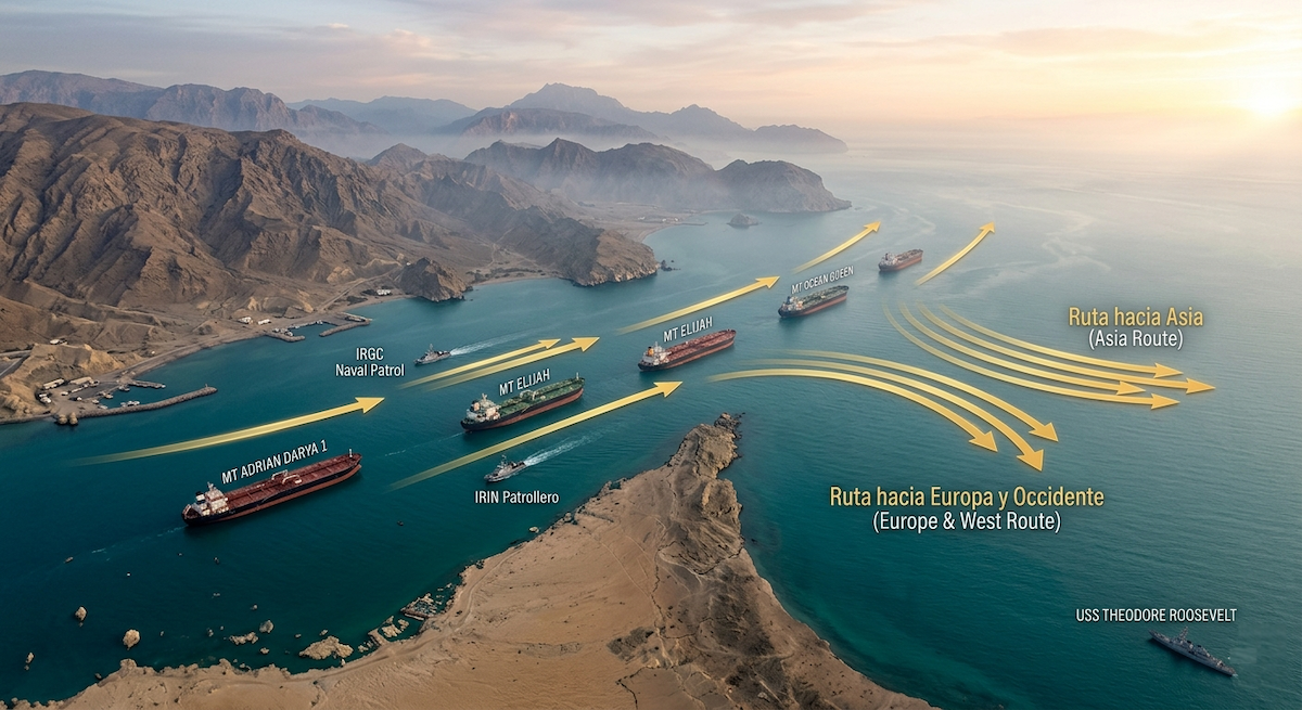 estrecho-de-ormuz-interna | México Ahora Aerial infographic of naval traffic routes near a rocky coastline at sunset with ships moving along labeled routes toward Asia and Europe