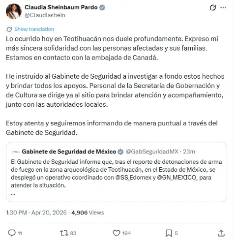 image_16png_1647642998 | México Ahora Screenshot of Claudia Sheinbaums tweet in Spanish expressing solidarity after events in Teotihuacán and noting support from the Secretaría de Gobierno and contact with the Canadian embassy
