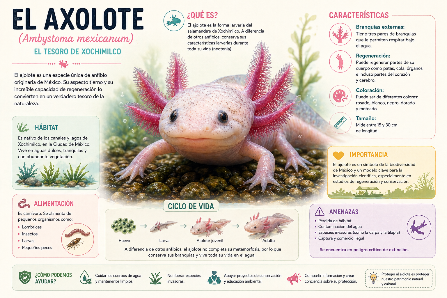infografia de un ajolote | México Ahora Infographic sobre el ajolote mexicano Ambystoma mexicanum y su ciclo de vida en un formato educativo
