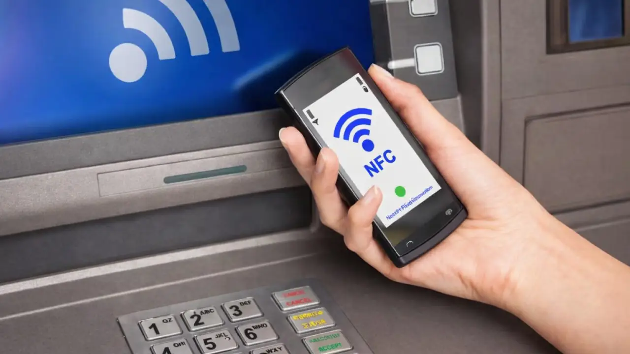 tecnologia-NFC-en-cajeros | México Ahora Phone with NFC payment screen held near ATM reader for a wireless transaction at an automated teller machine ATM It shows the NFC logo and a green indicator light on the screen implying payment in progress