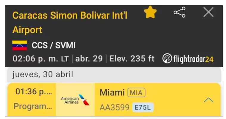 vuelos de EU a Venezuela | México Ahora Flight tracking screen showing Caracas Simon Bolivar International Airport header and a Miami bound AA3599 flight E75L tracked by Flightradar24 with airline logo