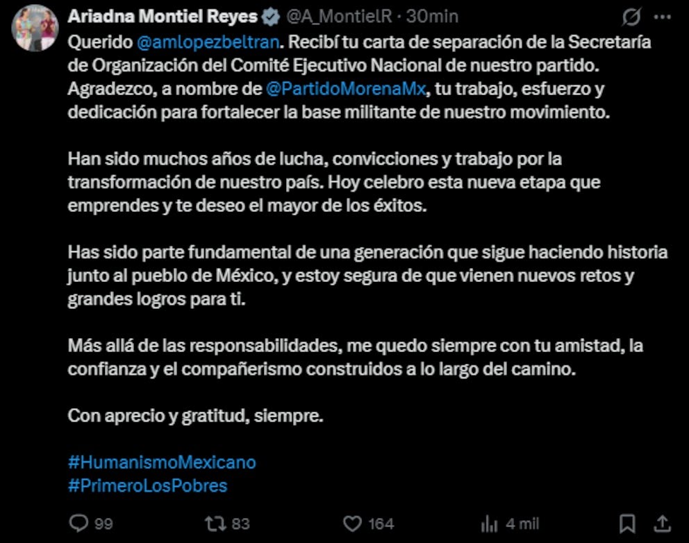 1000163603 | México Ahora Twitter post by Ariadna Montiel Reyes thanking amlopezbeltran for the separation letter from the partys National Executive Committee praising work and future challenges includes hashtags HumanismoMexicano and PrimeroLosPobres