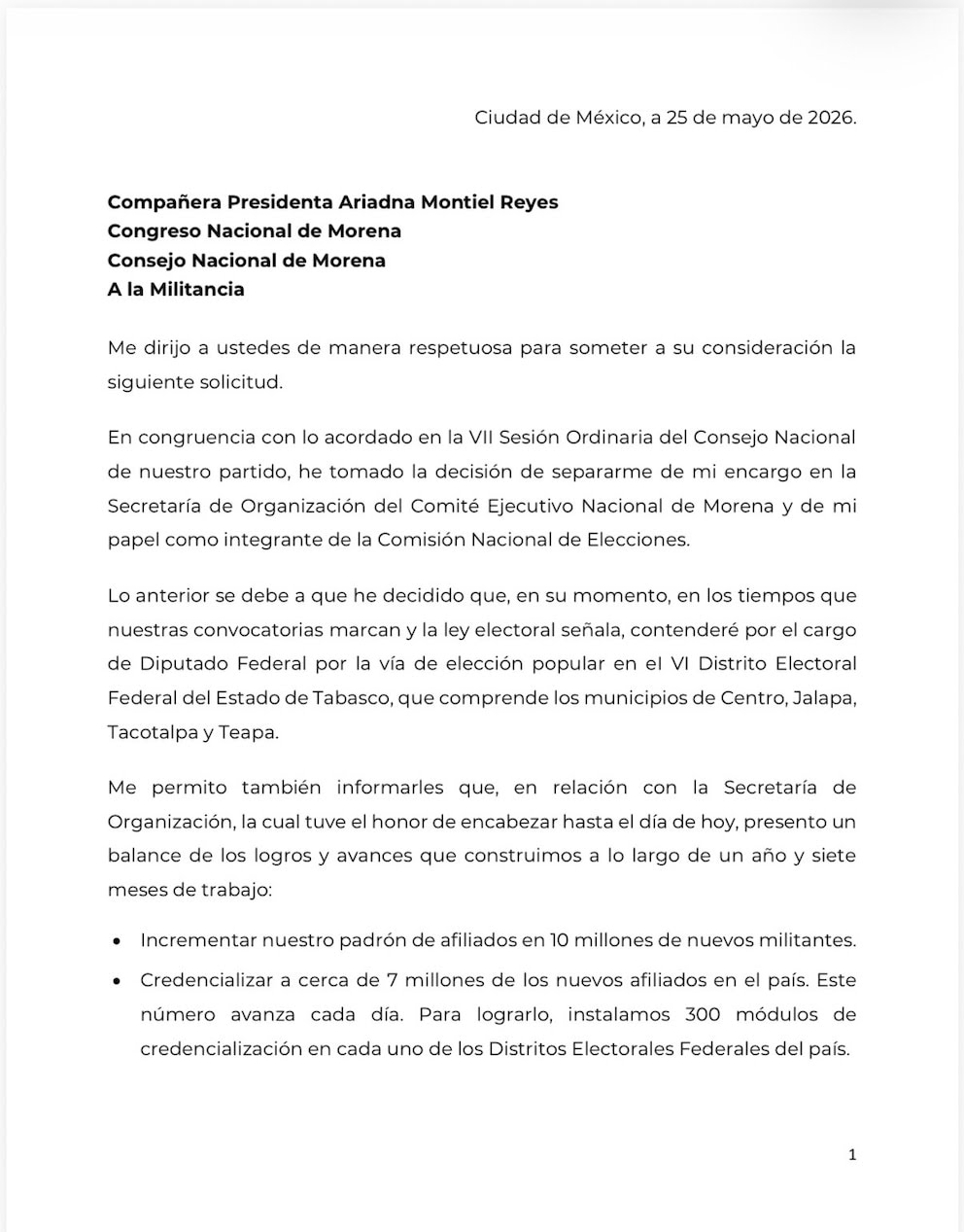 1000163604 | México Ahora Carta formal en español fechada Ciudad de México 25 de mayo de 2026 con encabezado de Morena y firmas institucionales Ariadna Montiel Reyes