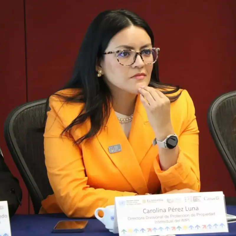 Carolina Pérez | México Ahora Woman in an orange blazer and tortoiseshell glasses sits at a conference table chin resting on her hand in thought