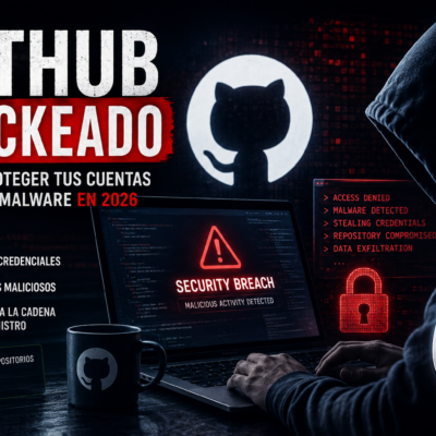 Github Malware | México Ahora Hooded hacker typing on a laptop with a red Security Breach warning and GitHub logo in the background illustrating a cyberattack