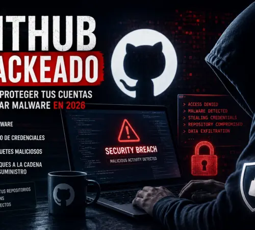 Github Malware | México Ahora Hooded hacker typing on a laptop with a red Security Breach warning and GitHub logo in the background illustrating a cyberattack