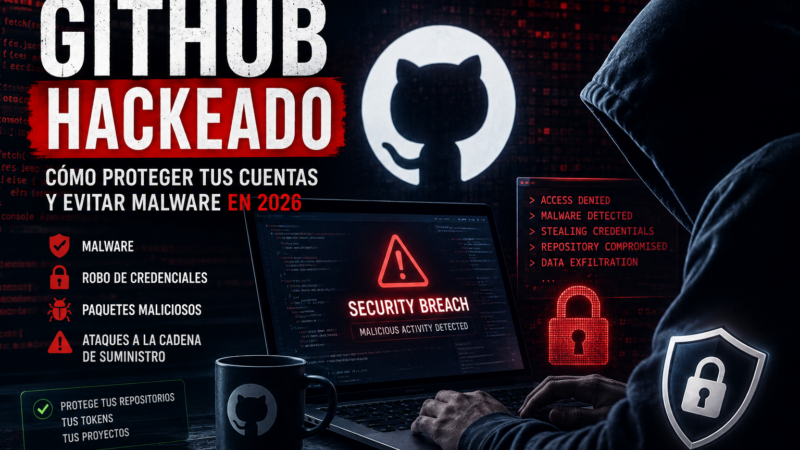 Github Malware | México Ahora Hooded hacker typing on a laptop with a red Security Breach warning and GitHub logo in the background illustrating a cyberattack