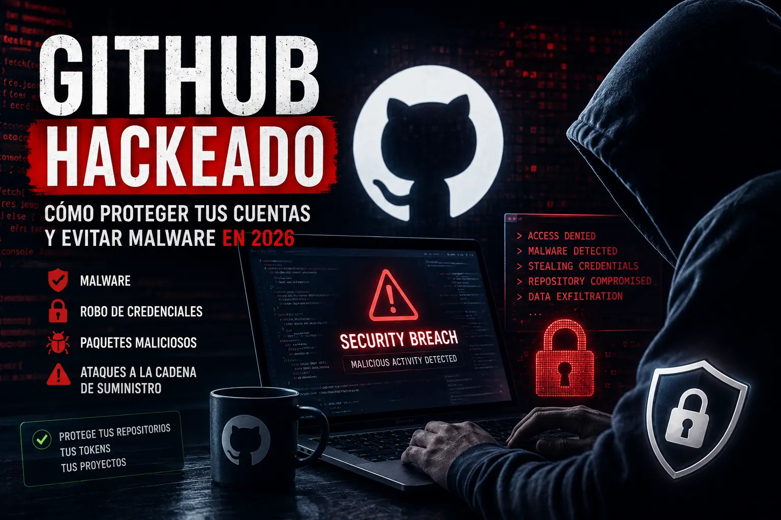 Github Malware | México Ahora Hooded hacker typing on a laptop with a red Security Breach warning and GitHub logo in the background illustrating a cyberattack
