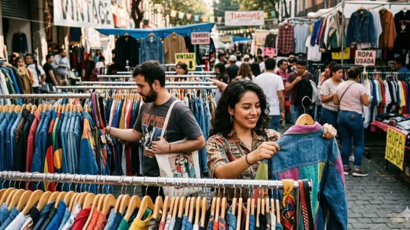 ropa-de-segunda-mano-en-mexico-consumo-vintagejpg | México Ahora Personas comprando ropa de segunda mano en México en un mercado vintage reflejando el crecimiento del consumo de moda sustentable en el país