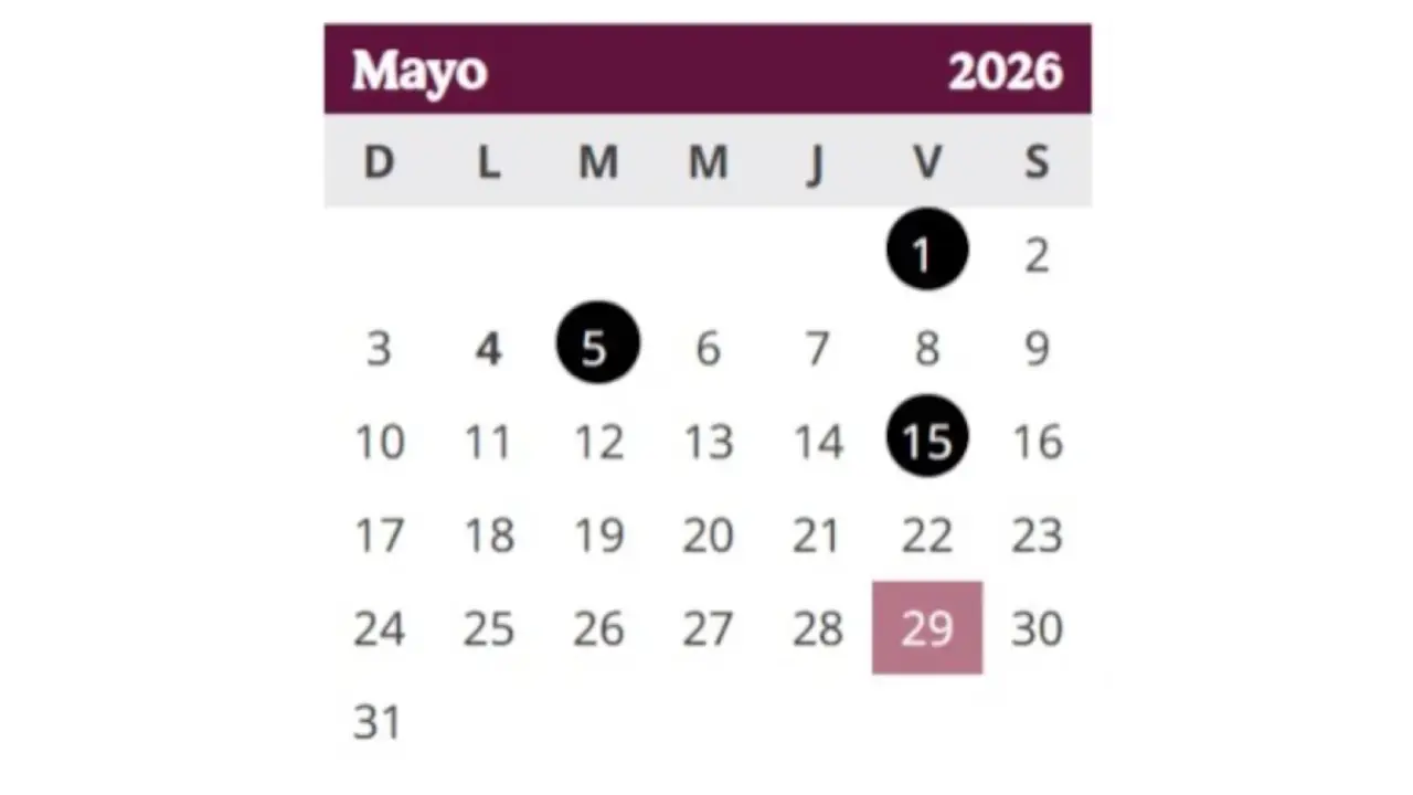 día del maestro | México Ahora May 2026 calendar showing days SundaySaturday 1 5 and 15 circled in black and 29 highlighted in pink