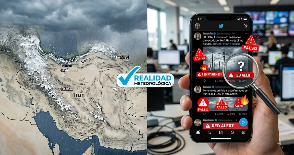 haarp-iran-lluvia | México Ahora Split image a satellite map of Iran with a Realidad Meteorológica logo on the left and a smartphone showing red 'FALSO' warnings on Twitter on the right, held in a newsroom setting.