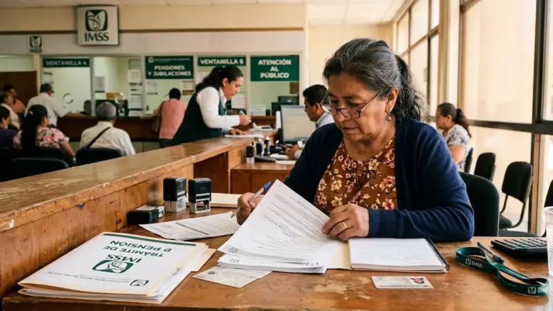 recalculo-pension-imss-ley-73-revision | México Ahora Pensionado IMSS revisando documentos de pensión Ley 73 en oficina del instituto