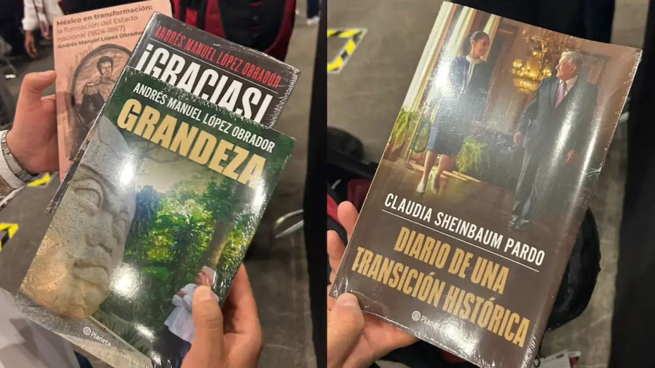 souvenirs de amlo | México Ahora A person holds two hardcover books left book titled Gracias Grandeza with jungle scenery right book Diario de una Transición Histórica featuring Claudia Sheinbaum Pardo on the cover