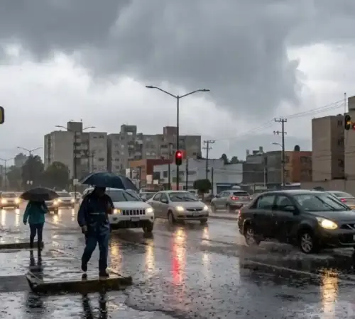 lluvias-intensas-estado-de-mexico-valle-de-mexico-junio-2026jpg | México Ahora Lluvias intensas en el Estado de México provocan calles mojadas tránsito lento y personas caminando con paraguas bajo un cielo nublado en el Valle de México