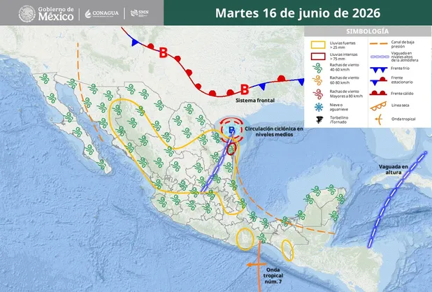 frente-frio-temporada-mexico-junio-1 | México Ahora Weather map of Mexico dated June 16 2026 showing fronts tropical waves and rainfall areas with a legend in the top rightcorner