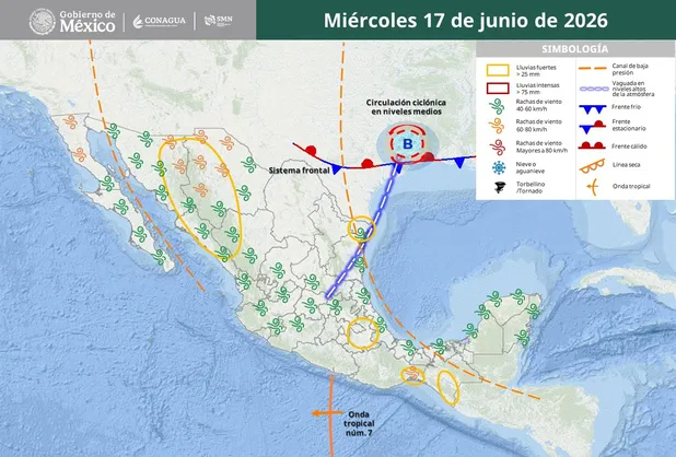 frente-frio-temporada-mexico-junio-2 | México Ahora Mexico weather map June 17 2026 showing a frontal system midlevel cyclonic circulation a tropical wave south of the coast and a legend of weather symbols