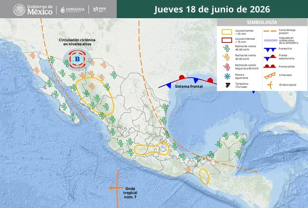 frente-frio-temporada-mexico-junio-3 | México Ahora Map of Mexico and the Gulf showing weather systems on Thursday June 18 2026 tropical waves a frontal system along the northeast cyclone activity in the Gulf rain symbols and a legend in the upper right
