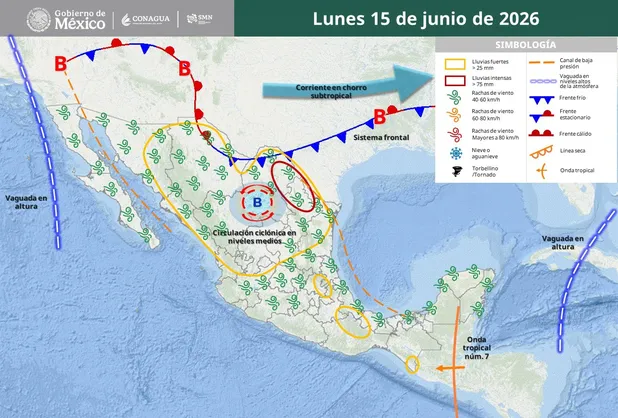 frente-frio-temporada-mexico-junio | México Ahora Mapa meteorológico de México para el lunes 15 de junio de 2026 mostrando frentes fríos y cálidos vaguadas y áreas de tormentas con indicadores de presión y cobertura de lluvias