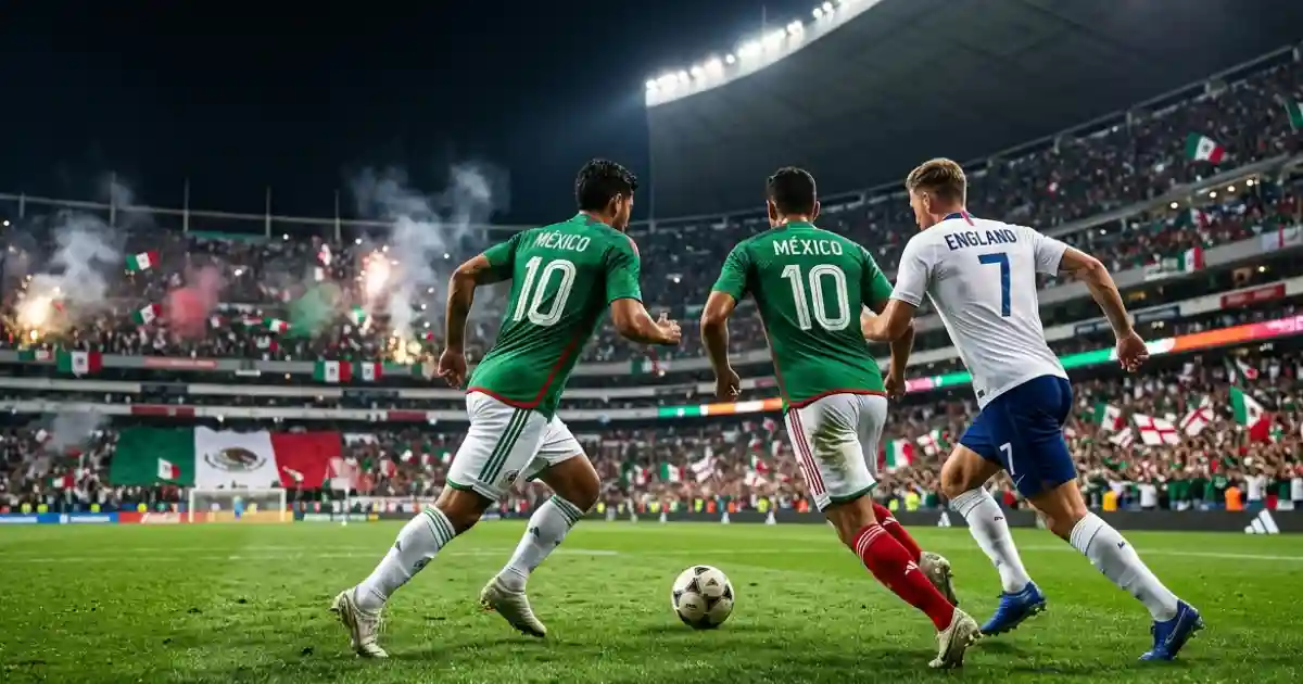 mexico vs inglaterra historial mundial 2026webp México vs Inglaterra historia de enfrentamientos y la esperanza en el Mundial 2026 | México vs Inglaterra en un estadio lleno durante un partido internacional representando el historial entre ambas selecciones y la expectativa rumbo a los octavos de final del Mundial 2026