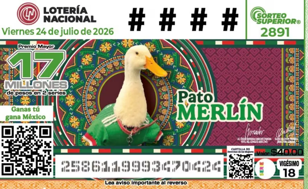 image Lotería Nacional lanzará billete conmemorativo del Pato Merlín | Lotería Nacional boleto con Pato Merlín y premio de 17 millones incluye QR y código de barras