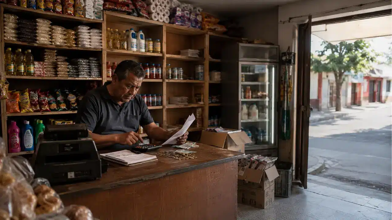 crisis de las tiendas de barrio en mexico 1280x720webp Tiendas de barrio luchan contra inflación e inseguridad para sobrevivir | Comerciante preocupado dentro de una tienda de barrio mexicana con estantes parcialmente vacíos reflejando la crisis provocada por la inflación la inseguridad y el aumento de los costos operativos