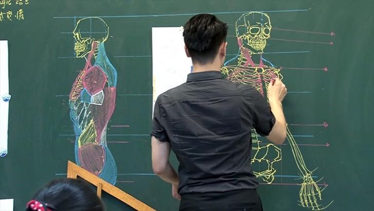 Este profesor hace clases de anatomía. Pero ¿viste los dibujos del cuerpo humano que hace con tiza?