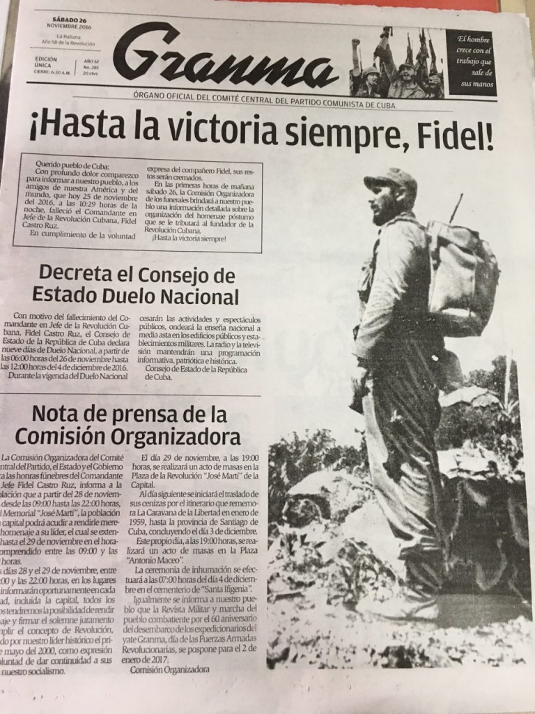 La edición especial del diario Granma sobre la muerte de Fidel Castro