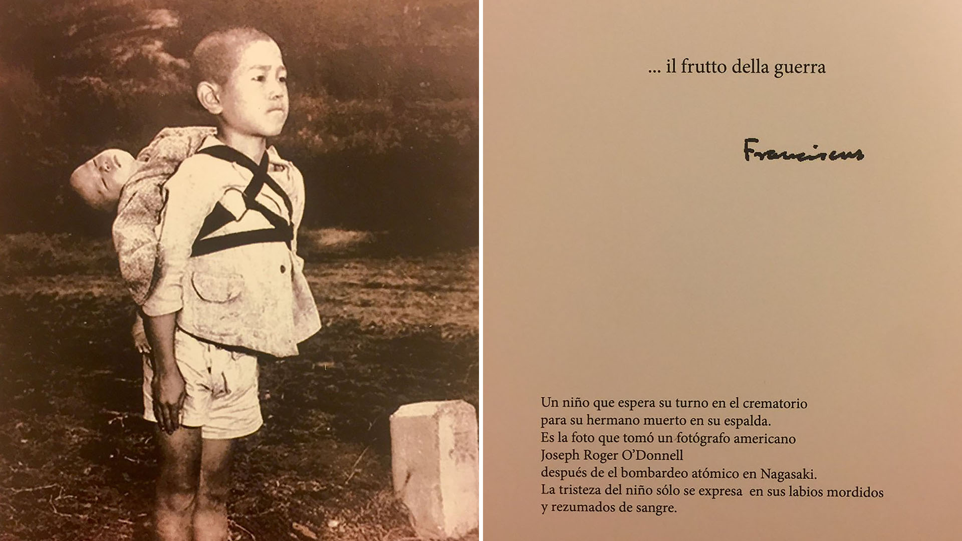 La impactante foto del "fruto de la guerra" nuclear que repartió el papa Francisco a quienes viajan con él rumbo a Chile