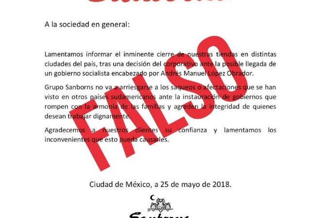 Es falso el supuesto comunicado de Sanborns que alerta contra López Obrador