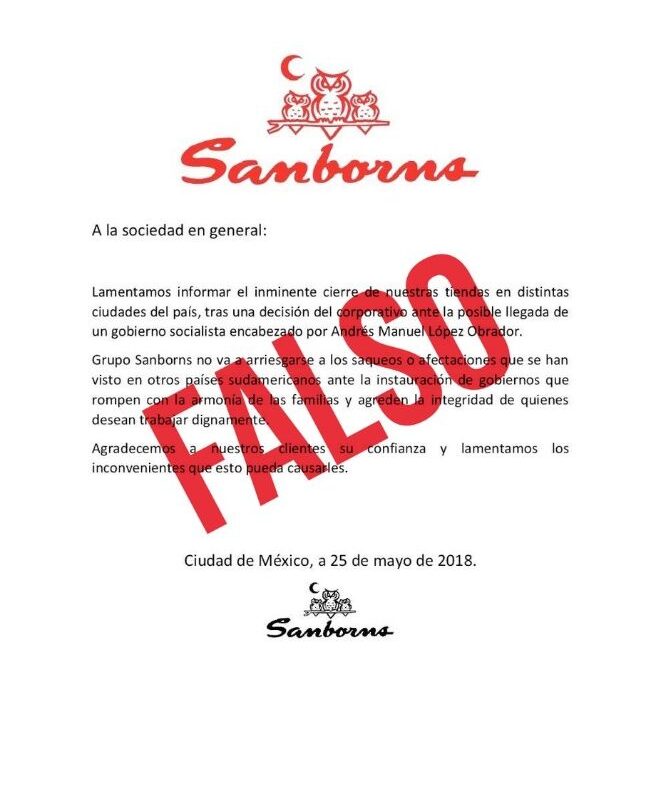 Es falso el supuesto comunicado de Sanborns que alerta contra López Obrador |