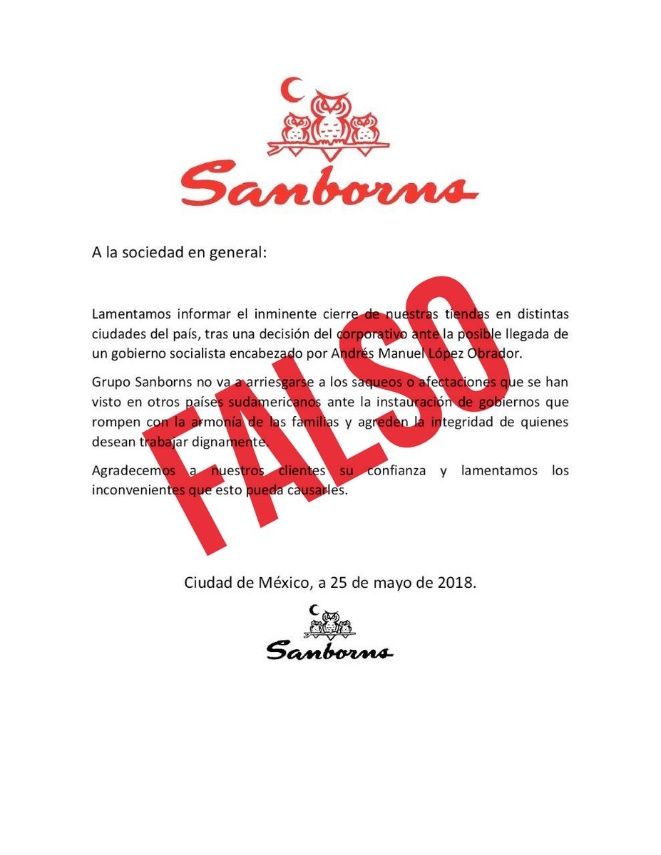 Es falso el supuesto comunicado de Sanborns que alerta contra López Obrador