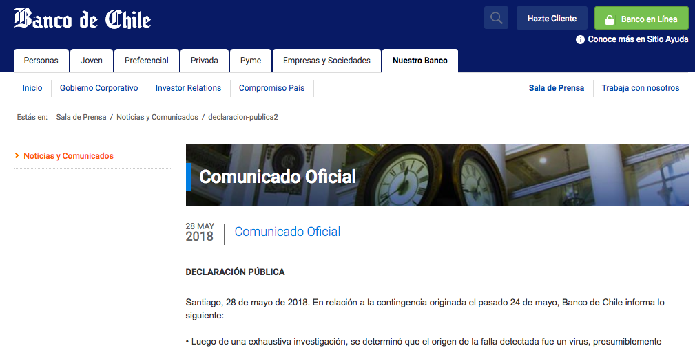 El comunicado del Banco de Chile donde confirma el millonario robo de los hackers norcoreanos