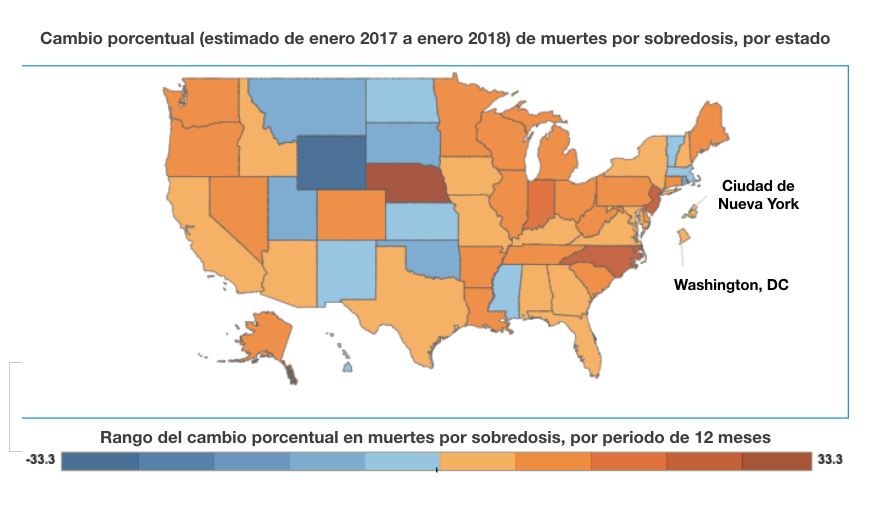 Según las cifras del CDC, la crisis de los opioides se ha agravado, pero los cambios de políticas sanitarias en algunos estados (en distintos tonos de azul) mostraron resultados positivos.