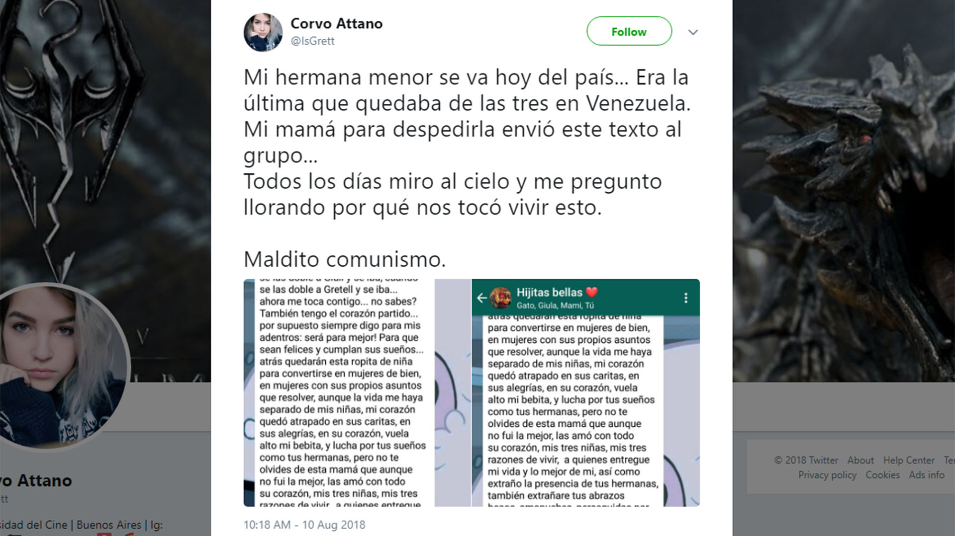 El mensaje publicado por Gretell en su cuenta de Twitter