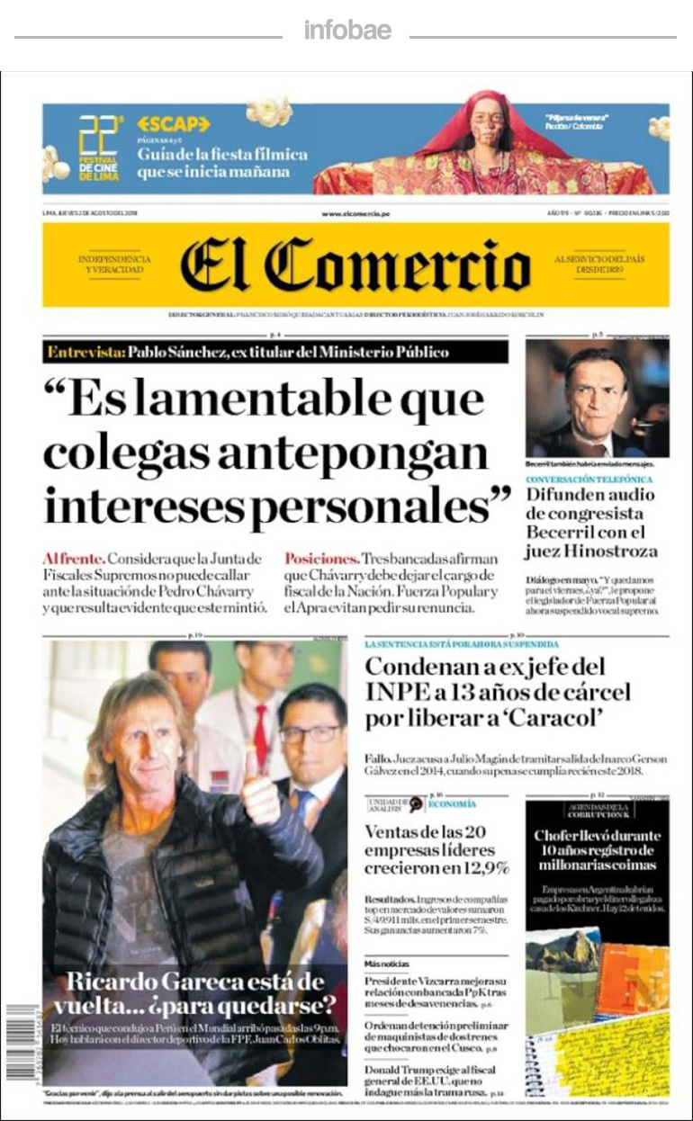 El Comercio, Perú, 2 de agosto de 2018