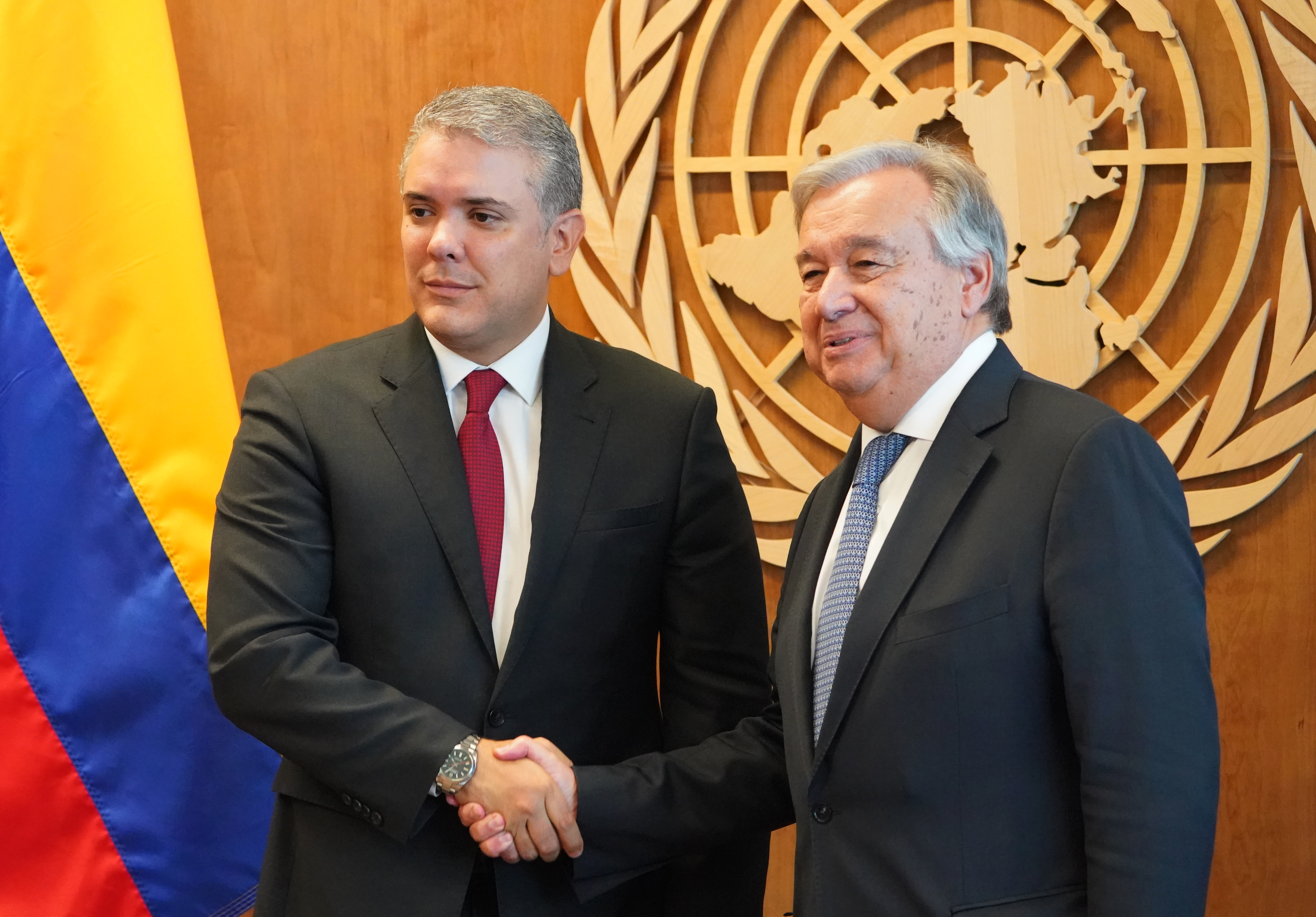 El presidente de Colombia Iván Duque y el Secretario General de Naciones Unidas António Guterres (AFP/ Don EMMERT)