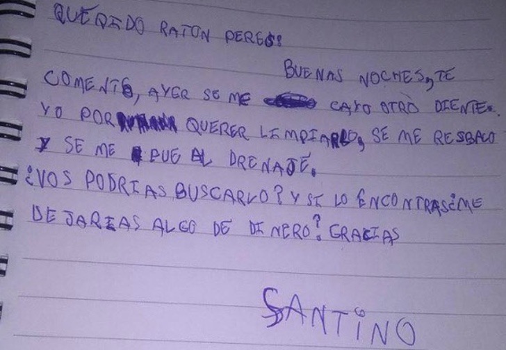 Se le cayó un diente y le escribió al “ratoncito”. Le pidió que cuando llegara, no asustara a su mamá