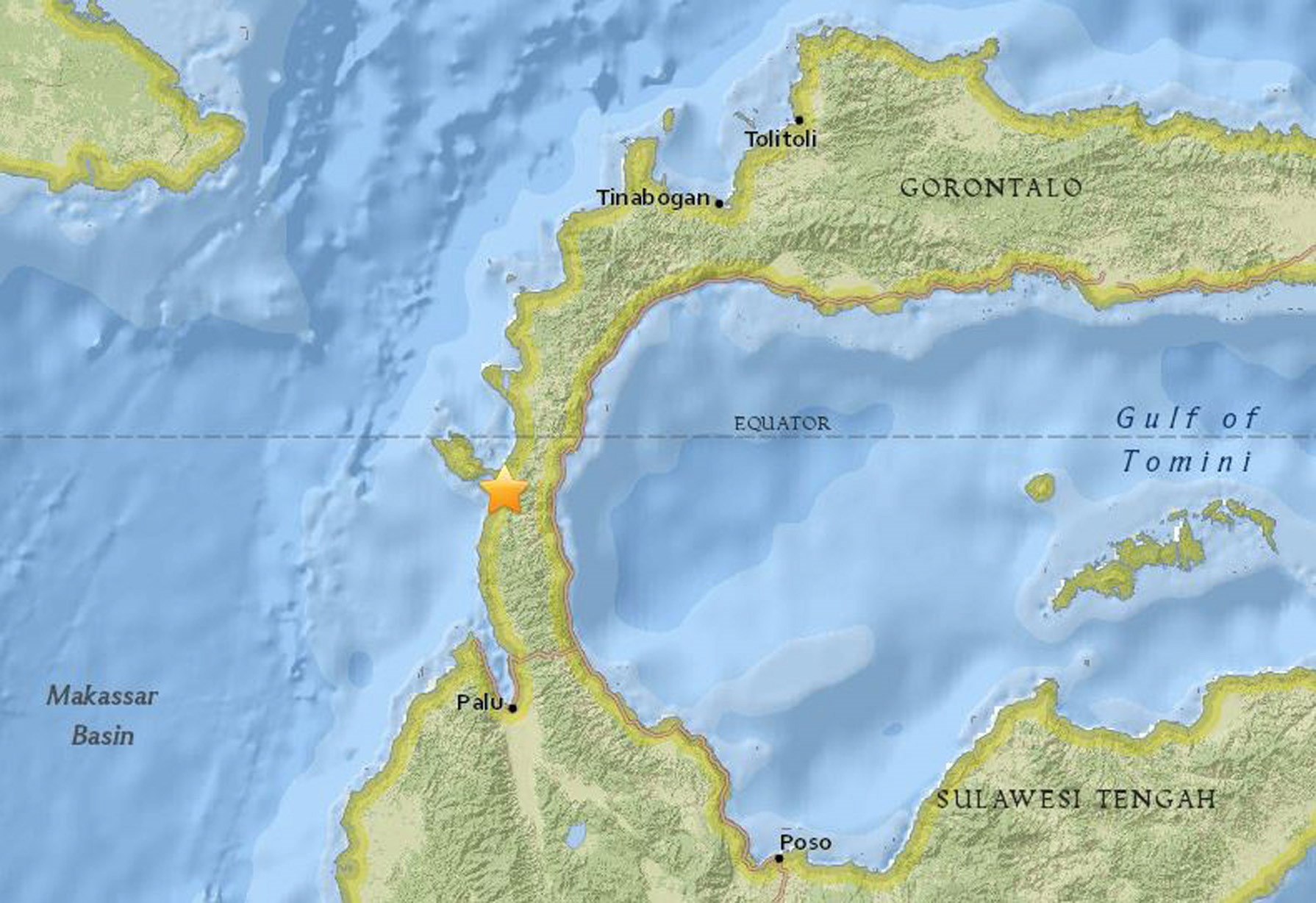 Imagen de un mapa que muestra el epicentro del terremoto de magnitud 6,1 que sacudió la isla de Célebes, situada en el norte de Indonesias.